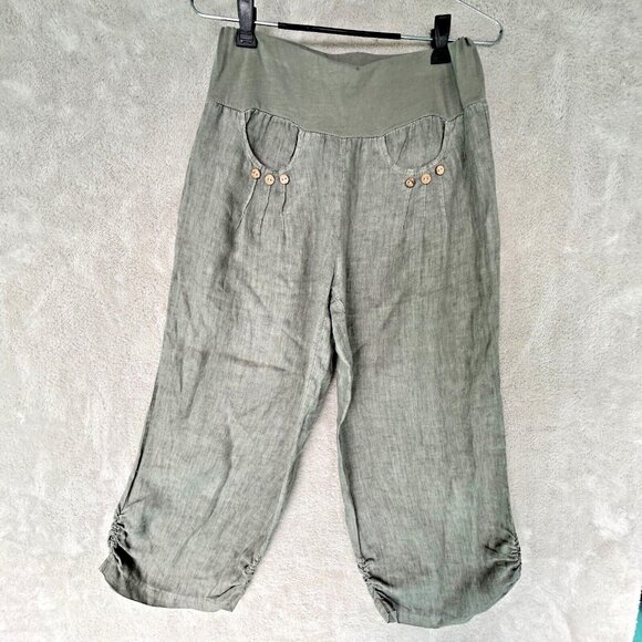 Lagenlook Pants - Linen Capri Trouser Italian Lagenlook EU/Large Cropped Wood Buttons Wide Leg